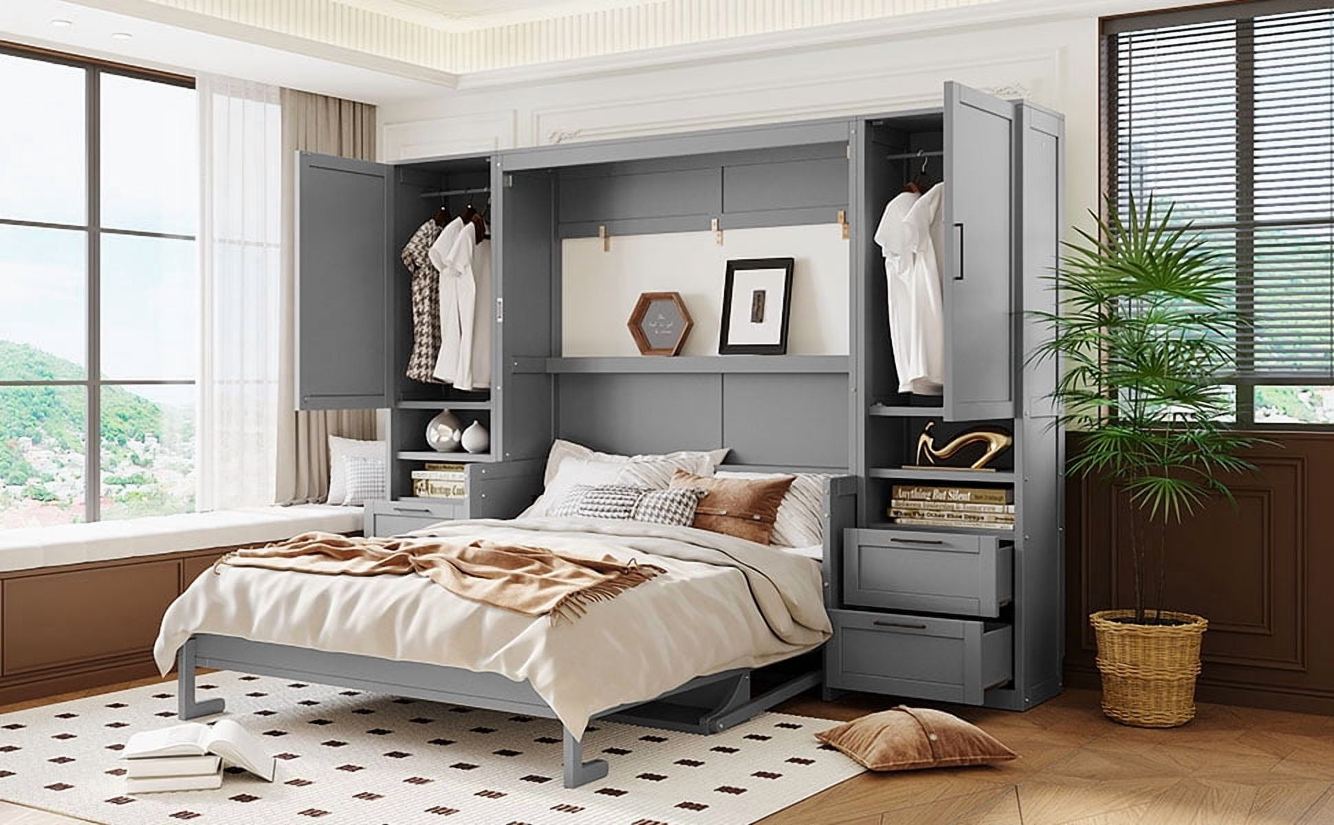 Mintazer Queen Size Murphy Bed with Side Wardrobes & 4 Drawers, Foldable Wall Cabinet Bed with Large Storage & Console Table for Guest Room Home Office Bedroom, Grey