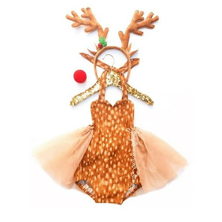 

Xiaoluokaixin Xmas Party Baby Costumes Cartoon Deer Tulle Sequins Jumpsuit Headband