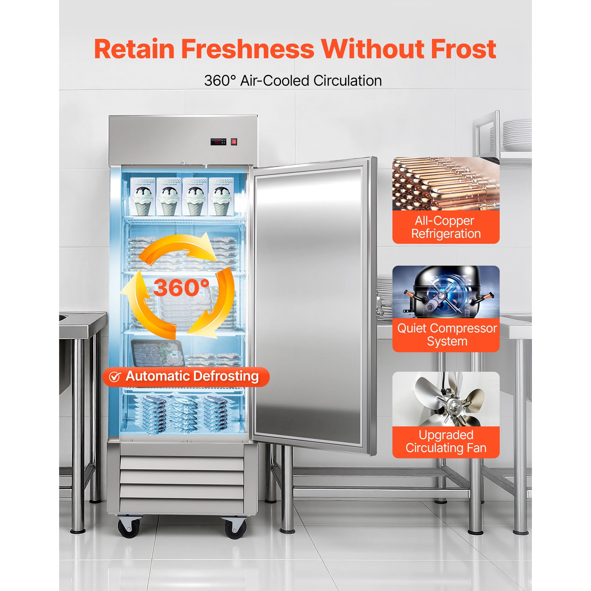 KFFKFF Commercial Stainless Steel Upright Freezer, 29" Wide, 22 Cu.Ft Capacity, Single Door with Auto-Defrost, Adjustable Shelves, -11 to 14℉ Temperature Range, LED Lighting, ETL Certified