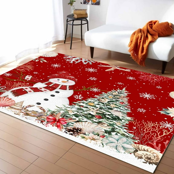 Area Rugs Indoor Non-Slip Rectangle Rug 5x7 Ft Christmas Ocean Snowman Starfish Coral Seashell Tree Red Rug Rubber Backing Floor Mats Non Shedding Home Decor Carpet for Entryway Living Room