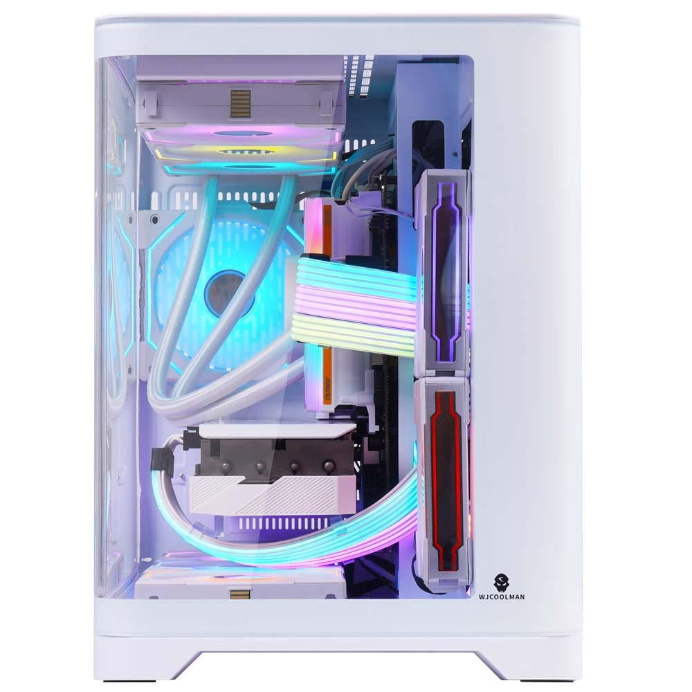 WJCOOLMAN Tian Mu White Curved Glass Panoramic Version 2Side Transparent Glass Gaming Computer Case support 9 Fan Positions 240 AIO Support M-ATX/ITX High-Airflow Design