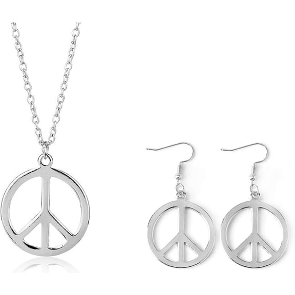 Peace Sign Pendant Necklace and Dangling Earrings Set