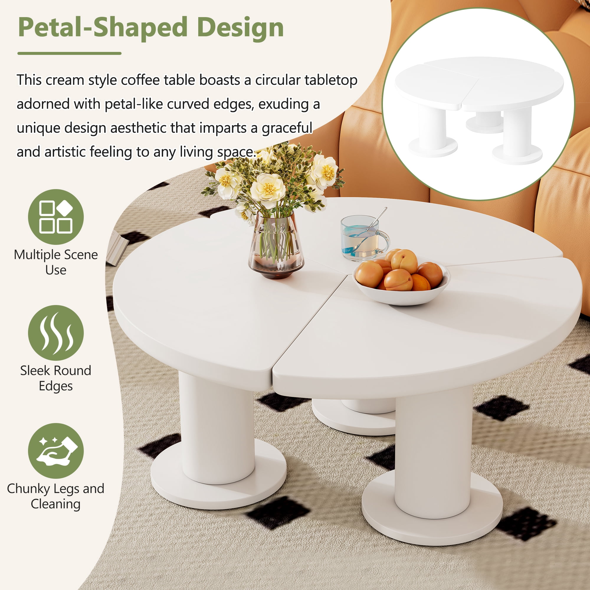 MAYEERTY Φ39.4'' Easy Assembly Round Petal-Shaped Coffee Table, Cream Style Center Table with 3 Thick Legs, Minimalist Irregular End Table with Sleek Round Edges for Living Room, White