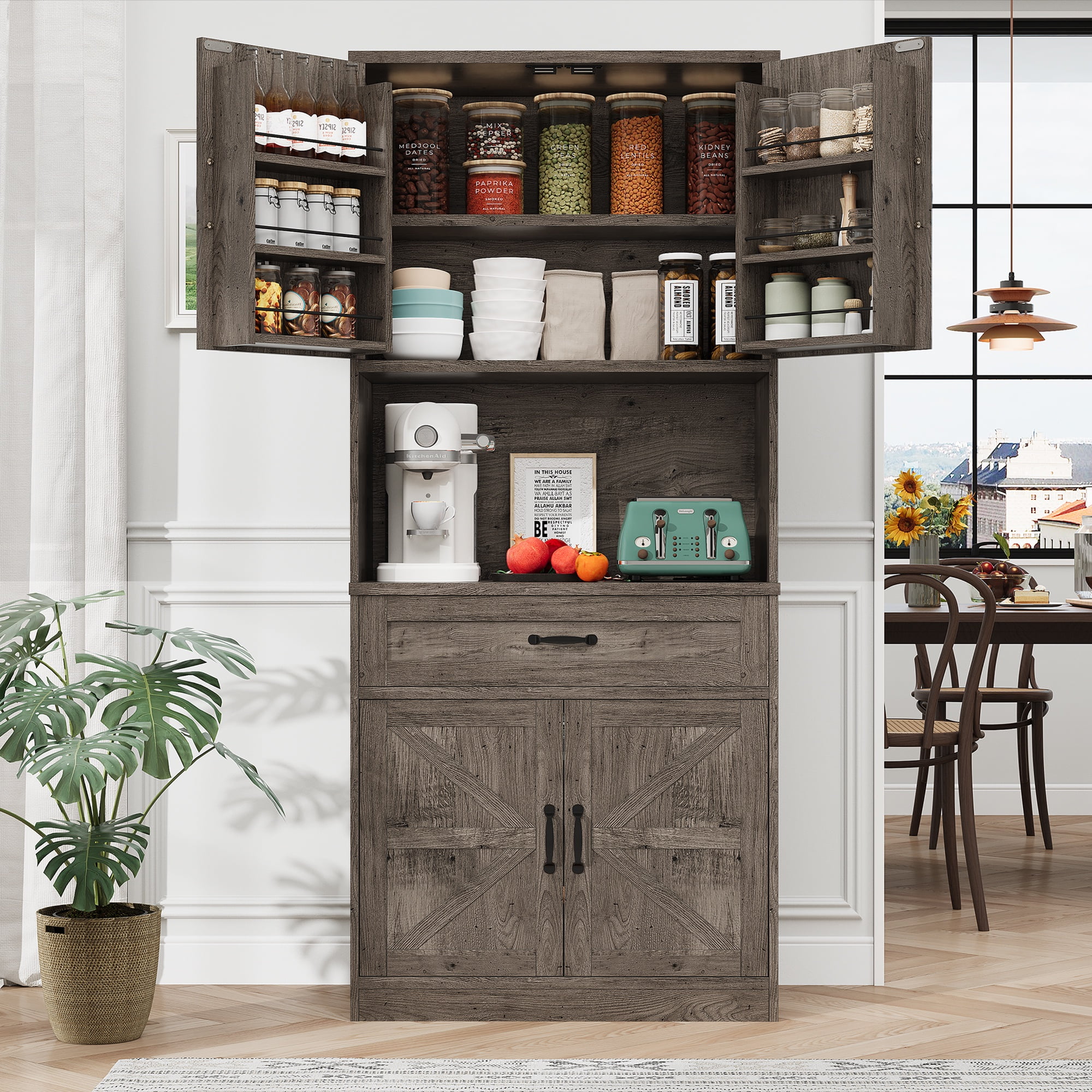 PPorfamilia 71-Inch Farmhouse Kitchen Pantry Storage Cabinet with Drawer and Charging Station, Oak