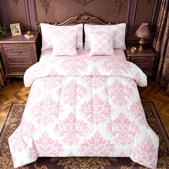 Erosebridal Vintage Dasmark Floral Bedding Sets Twin Size,Retro Gothic Theme Comforter Sets with Sheets,Lightpink Jacquard Design Bed in a Bag,Microfiber Bedroom Decoration Reversible,7-Piece