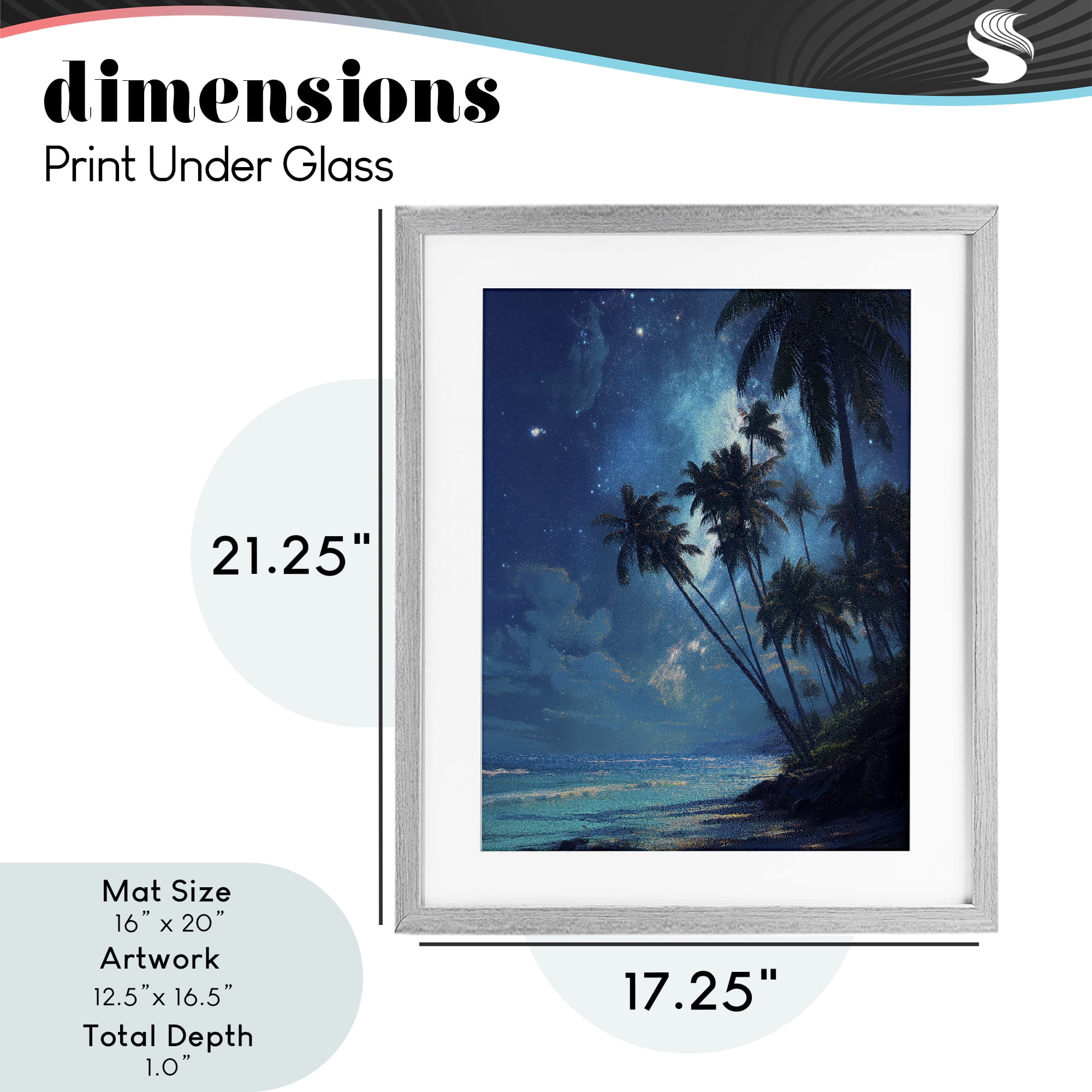 Moonlit Beach Palm Trees Gray Framed Print Under Glass, design by Ziwei Li
