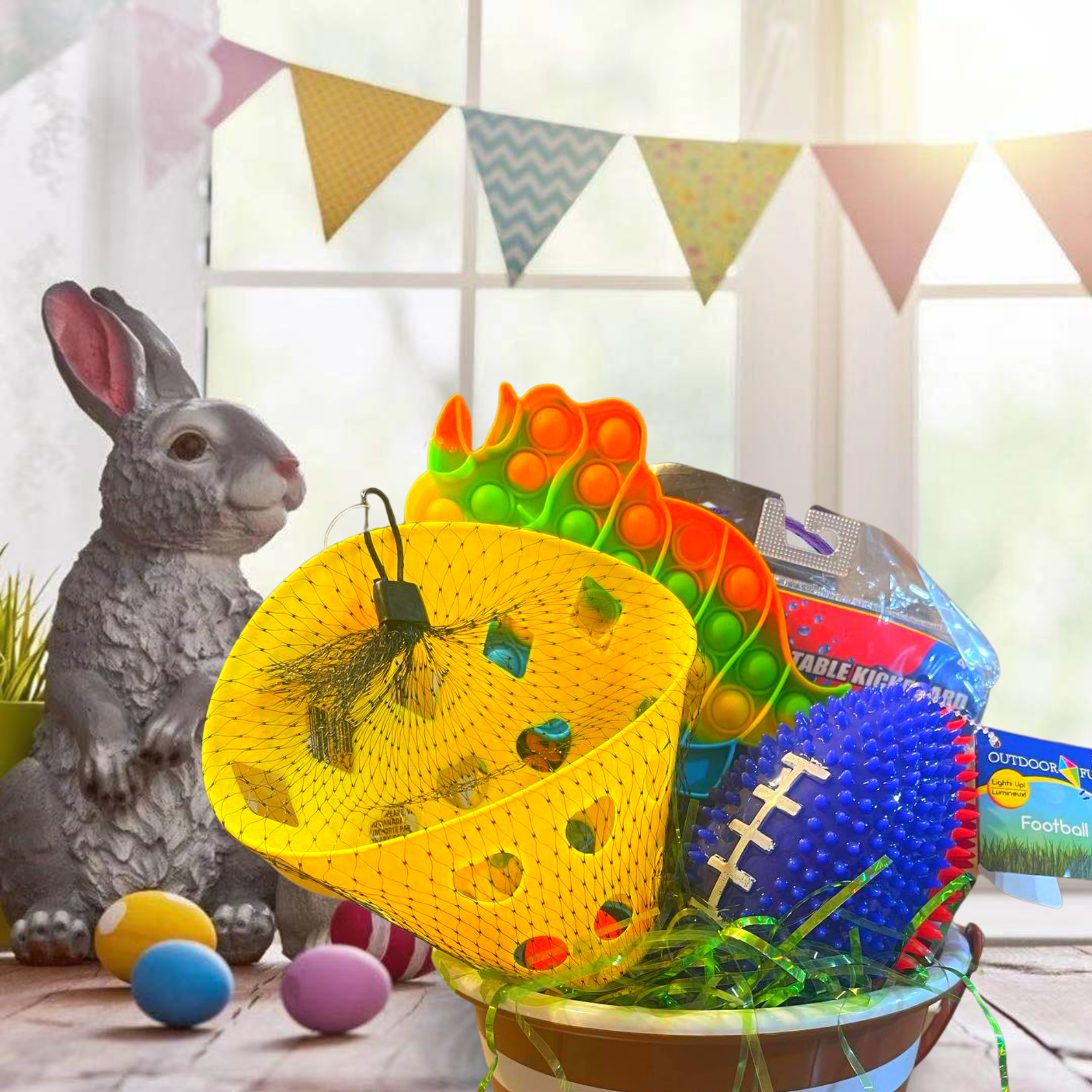 Easter Gift Basket with Inflatable Kickboard, Launch and Catch Ball Toys Two-Tone Football Easter Candies & Reusable Bucket for Boys Holiday Summer Outdoor Fun Gifts (Contents Vary)