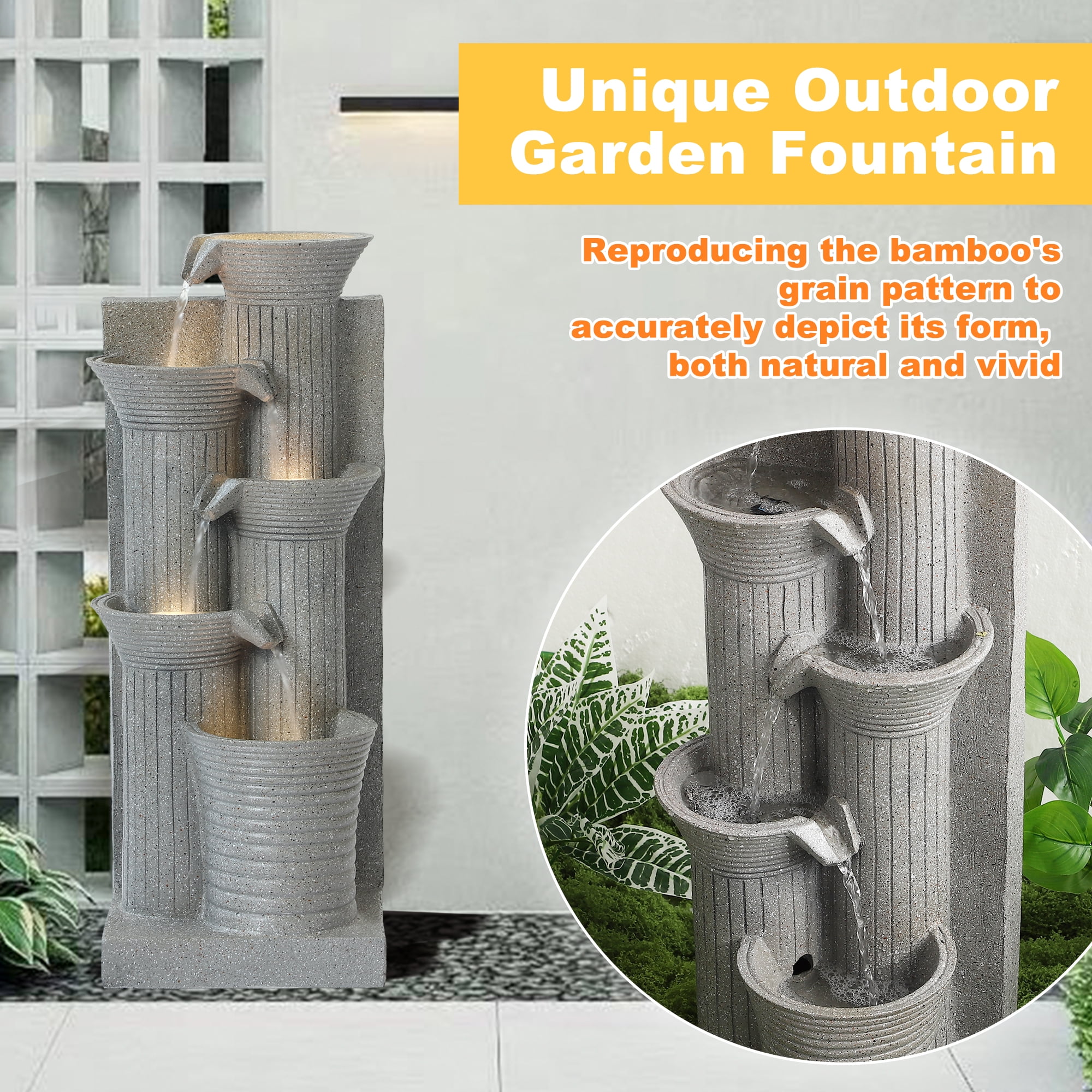 Magic Union Outdoor Water Fountain, 5 Tiers Cascading Waterfall Indoor Water Feature Garden Decor with LED Lights, Fountains Outside Patio Resin for Yard, Deck, Porch and Home, Bamboo Elements