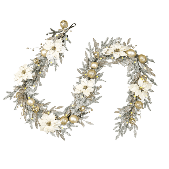 9ft Pre-Lit Holiday Christmas Garland with 100 LEDs and Sliver Flower Gold Ball Mixed Decor for Fireplace Mantel ,Stairs, Mantle