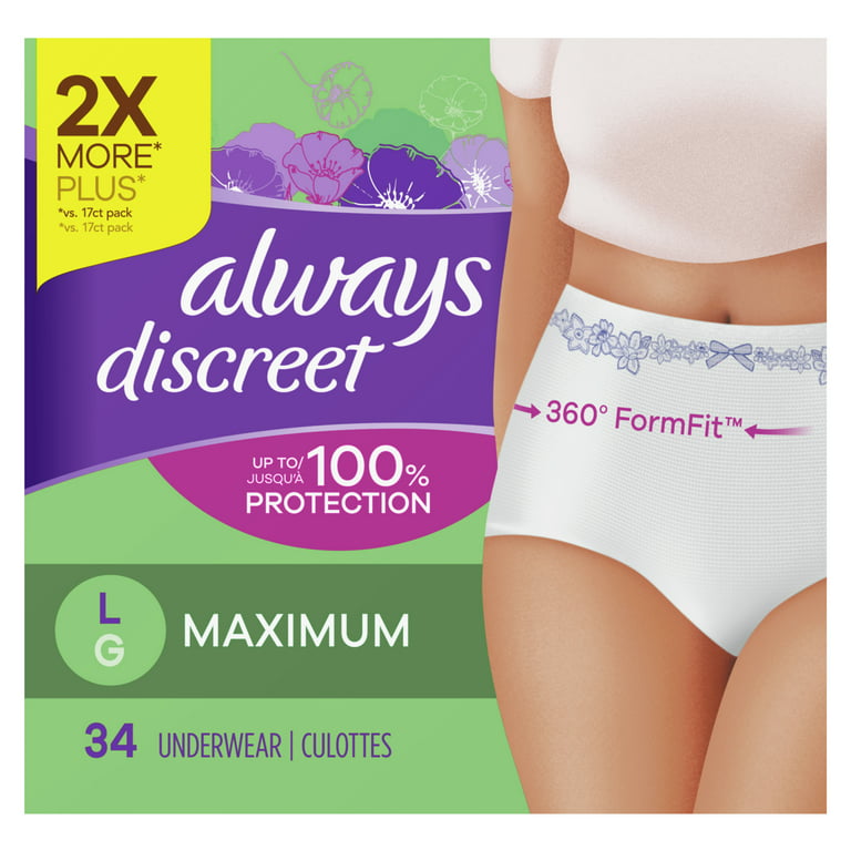 Always Discreet Incontinence Underwear for Women Maximum Absorbency, L, 34  Count