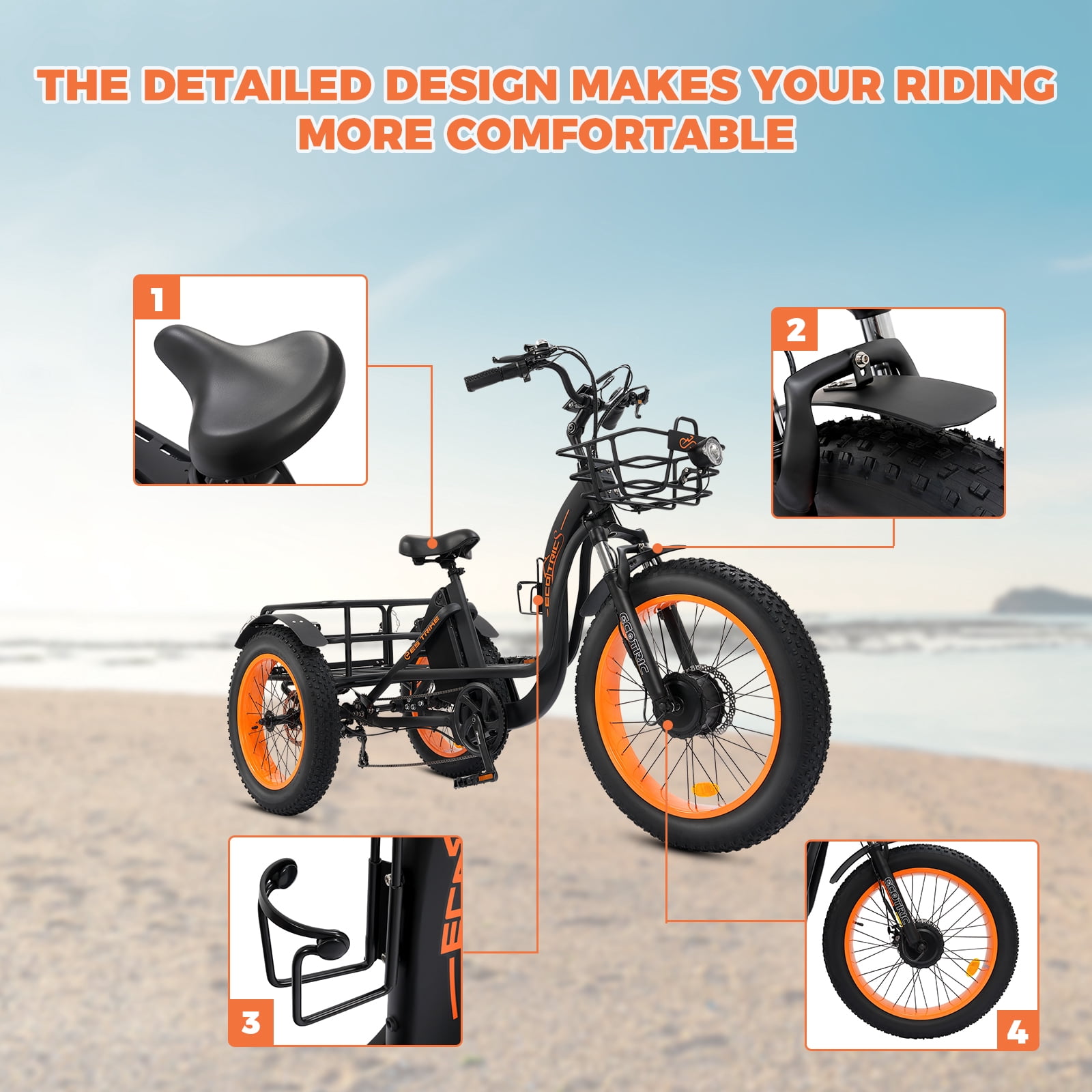 Ecotric 48 V Electric 24" Tricycle with Front and Rear Carrying Basket