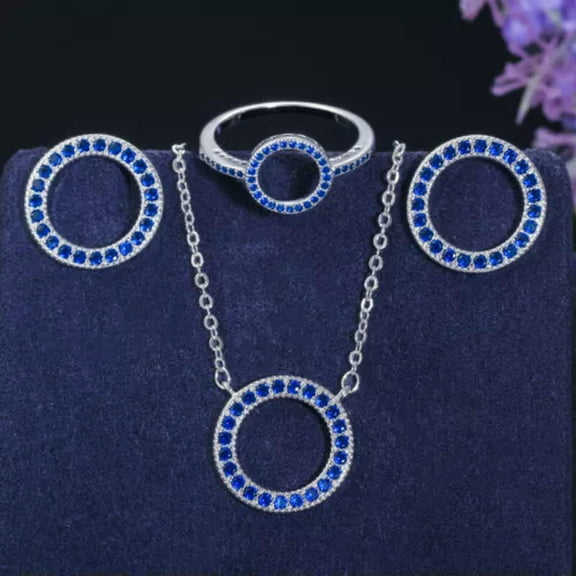 Blue Cubic Zirconia Love Round Ring Pendant Necklace Earrings Women Jewelry Set
