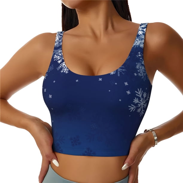 Fotbe Christmas Blue Sujetador Deportivo Largo sin Aros para Mujer con Almohadillas y Soporte Medio, Transpirable y Absorbente, Camiseta Tipo Chaleco o Tank Top-Medium