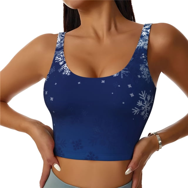 Fotbe Christmas Blue Sujetador Deportivo Largo sin Aros para Mujer con Almohadillas y Soporte Medio, Transpirable y Absorbente, Camiseta Tipo Chaleco o Tank Top-Medium