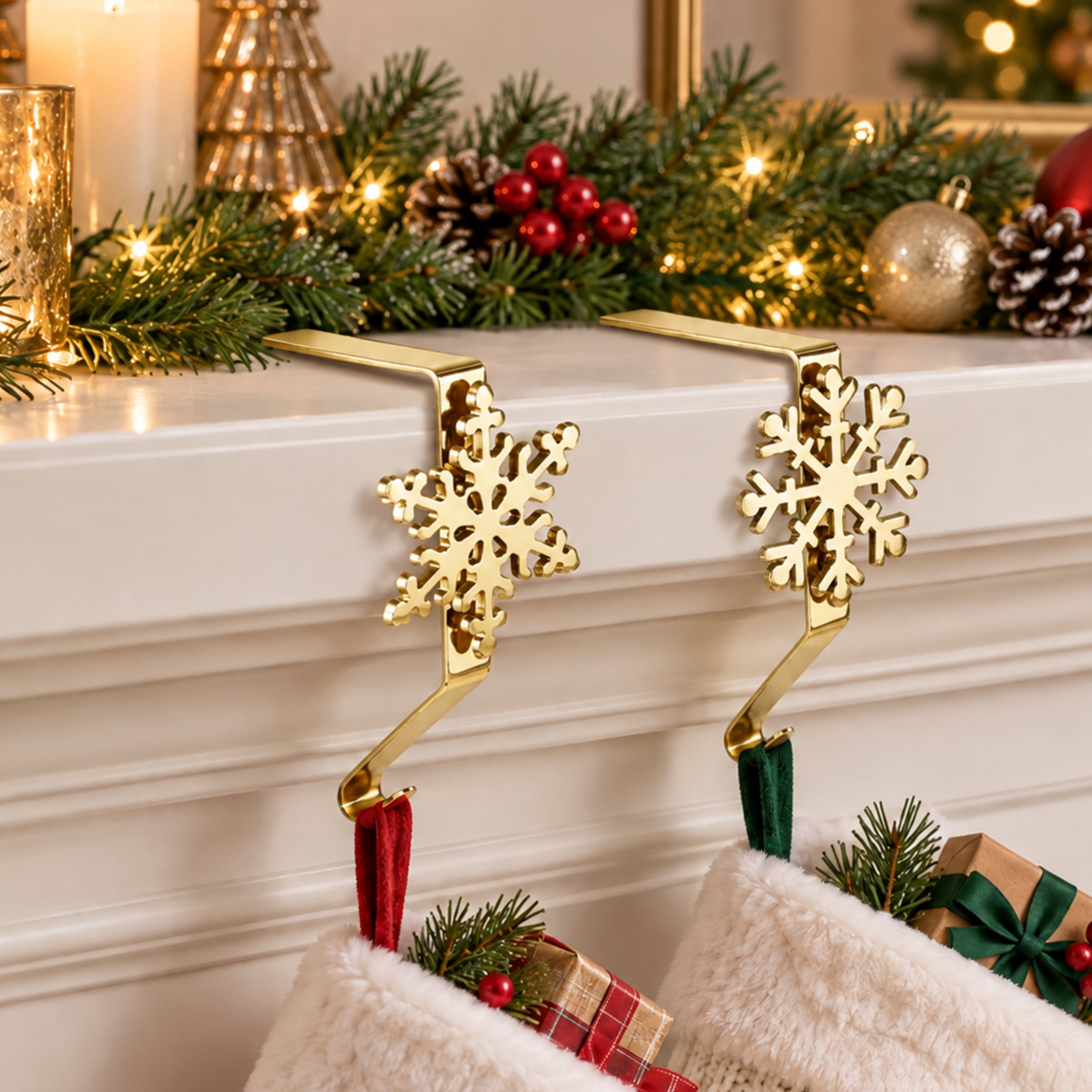 Holiday Time 2-Count Gold Metal Snowflake Christmas Stocking Holders, 6.3 inch