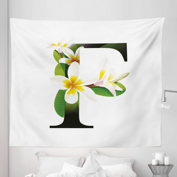 Letter F Tapestry, Frangipani Lively Green Leaves Vibrant Color Floral Letter F Alphabet Art, Fabric Wall Hanging Decor for Bedroom Living Room Dorm, 5 Sizes, Yellow Green Black, by Ambesonne