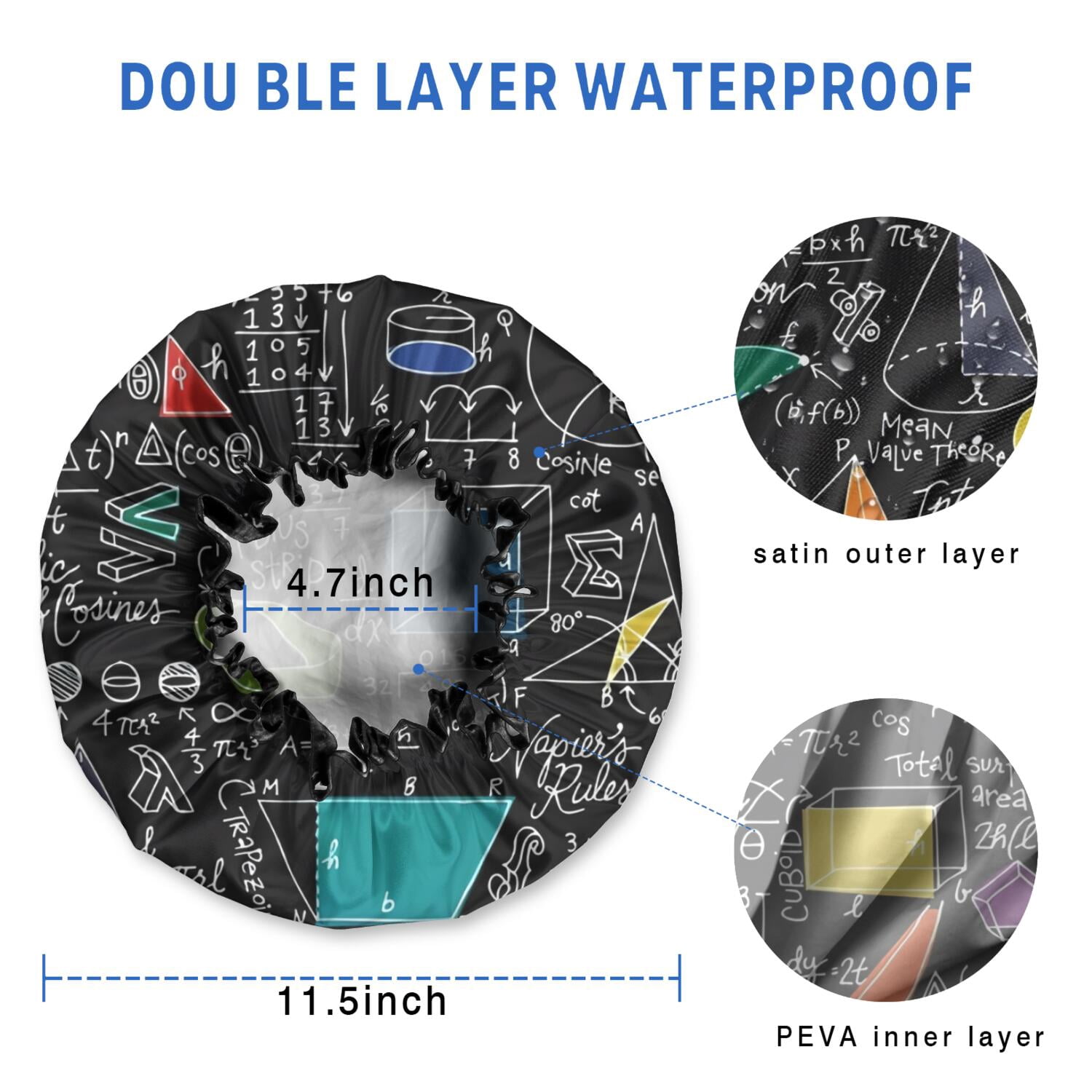 Shower Caps,Math Equations Symbols Black Pattern Waterproof Shower Cap for Women 4 Pieces,Double Reusable Hair Cover for Shower PEVA Elastic Stretch Hem