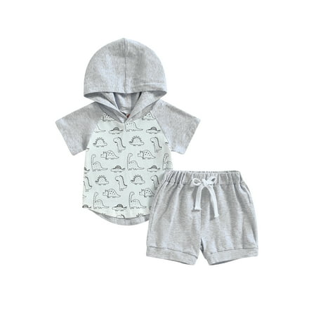 

jaweiwi Baby Toddler Boys Hooded Outfits 0 6M 12M 18M 24M 2T 3T Summer Dinosaur Print Short Sleeve Hooded T-shirt and Casual Elastic Shorts Clothes Set