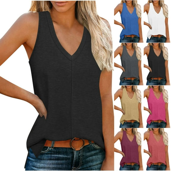 Otntypg Womens Tank Tops Loose Fit Casual V Neck Shirts Flowy Sleeveless Summer Soft Tee Basic Workout Tshirt Trendy Outfits Clothes Blue L
