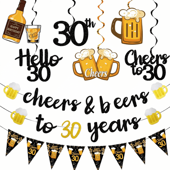 30th Birthday Decorations Kit with Glitter Banner Hanging Swirls and Triangle Flag Black Gold Cheers to 30 Years Party Decor for Him Men