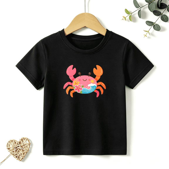 Girls Graphic Tees Cute Crab Floral Waves Kids T Shirt Beach Vacation 100% Cotton Short Sleeve Soft Tops 4-13Y