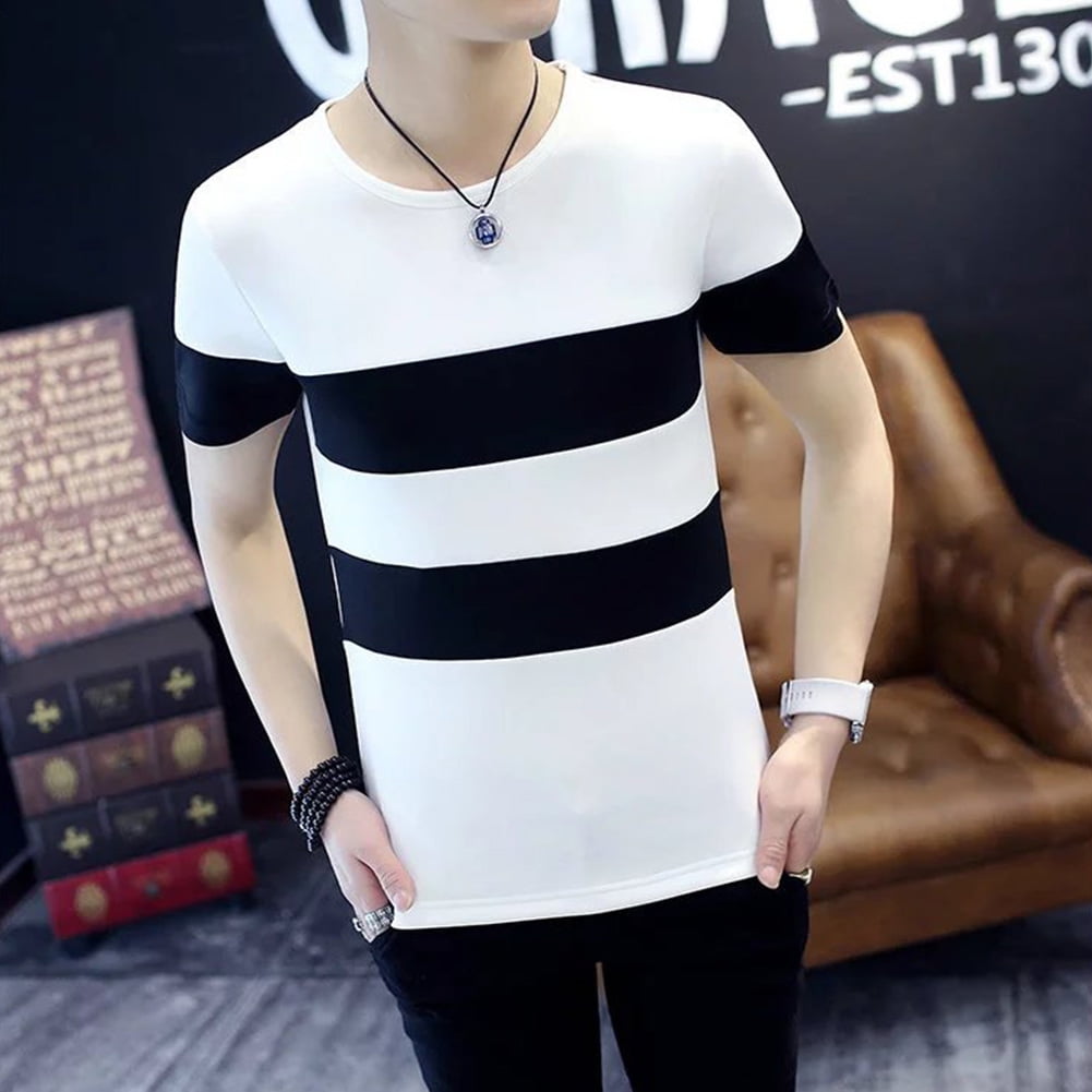 Aeeaying Men Short Sleeve T Shirt Round Collar Stripes Pattern Casual Tops White Walmart Com
