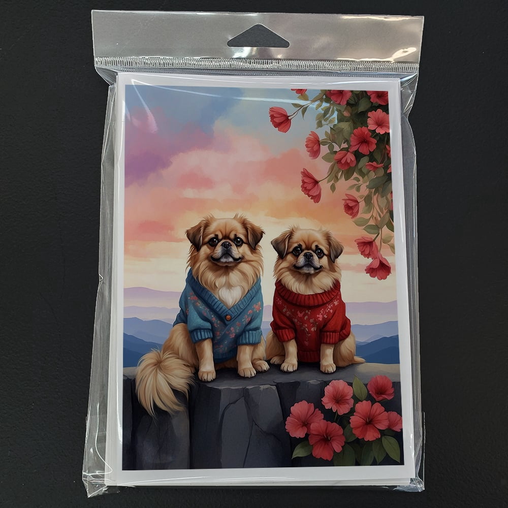 Pekingese Two Hearts Greeting Cards Pack of 8 7 in x 5 in