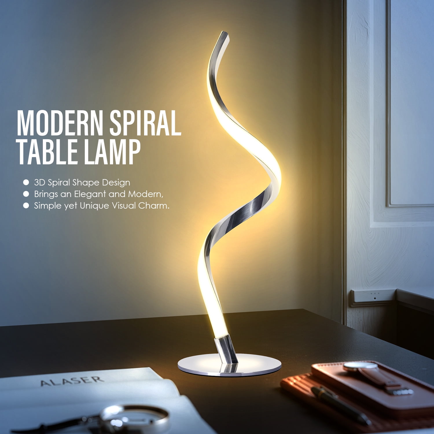 Modern Spiral Table Lamp -Touch Control Bedside Lamp, 3 Colors & Fully Stepless Dimmable Nightstand Lamps for Bedroom, Living Room & Office(3000K 4000K 5000K)
