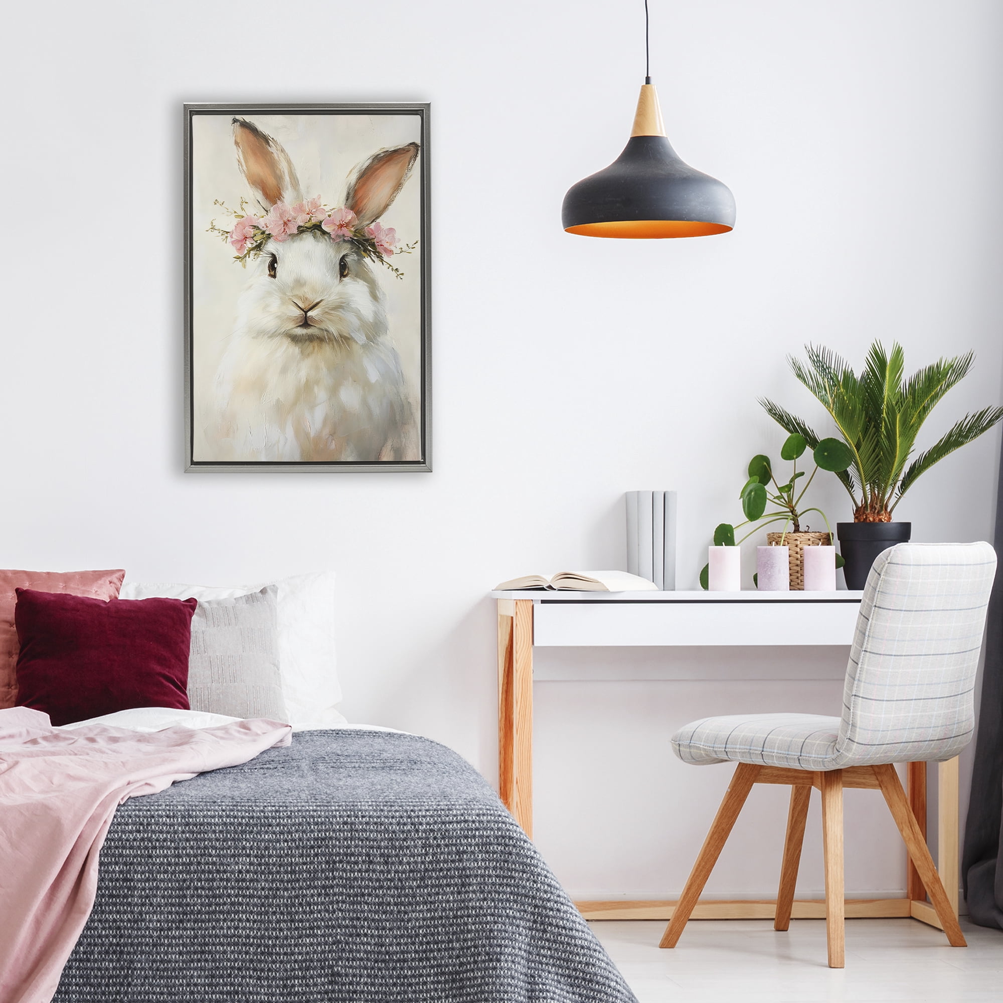 Stupell Industries Bunnykins with Pink Crown Gray Framed Floater Canvas Wall Art, design by Tina LeCour
