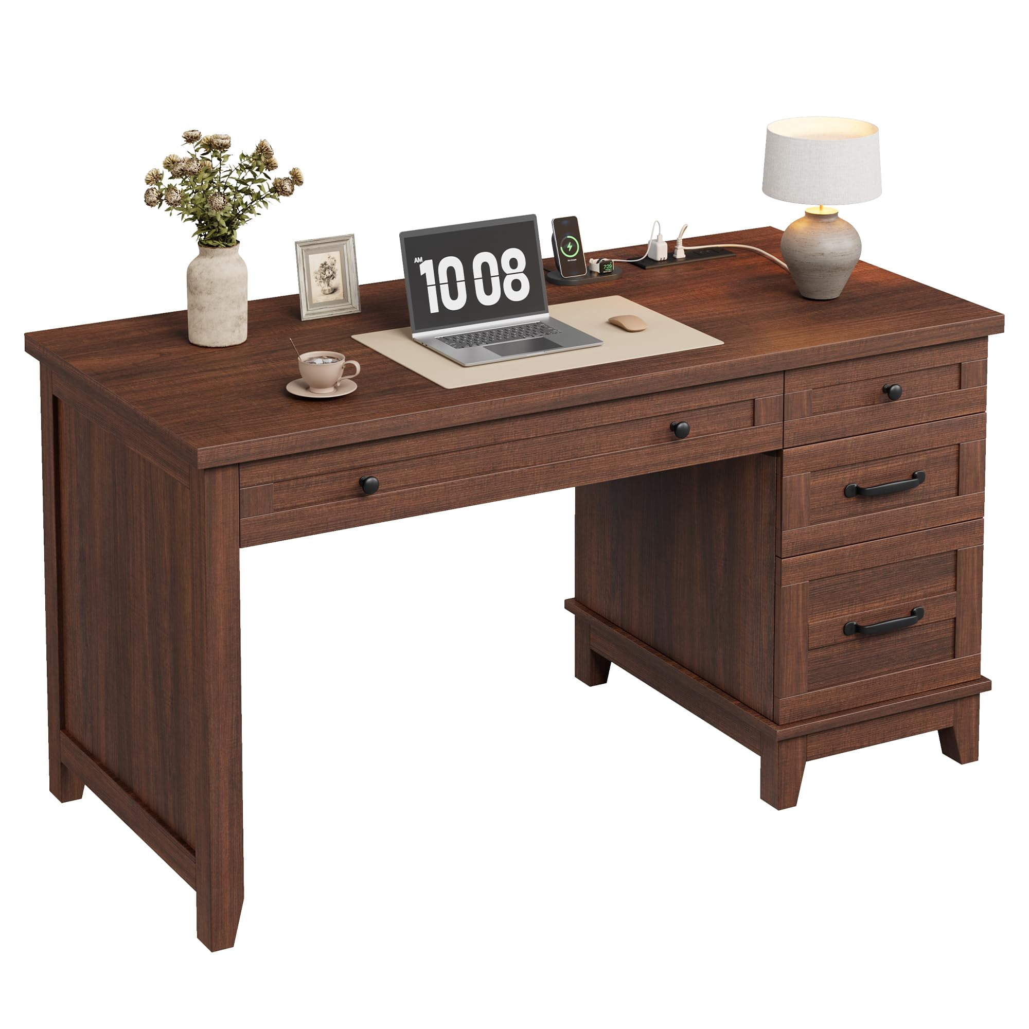 Ataucjin Farmhouse Executive Desk with Drawers,Home Office Desk with Charging Station,53.54" Wooden Computer Writing Desk with File Cabinet Storage for Work Study Writing
