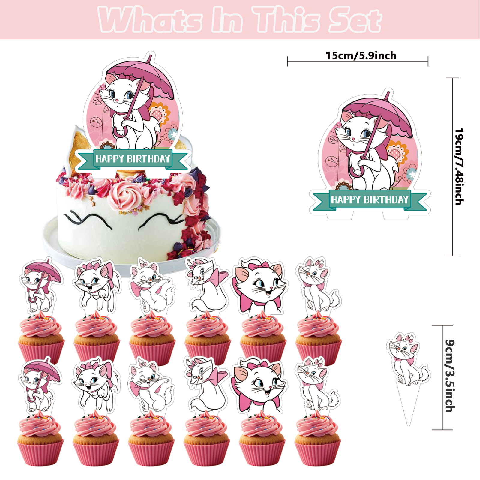 32 Pcs For Marie Aristocats Cat Theme Birthday Party Decoration Set - Includes Happy Birthday Backdrop Decorations, Cupcake Toppers, and Balloons for Kids’ Celebrations