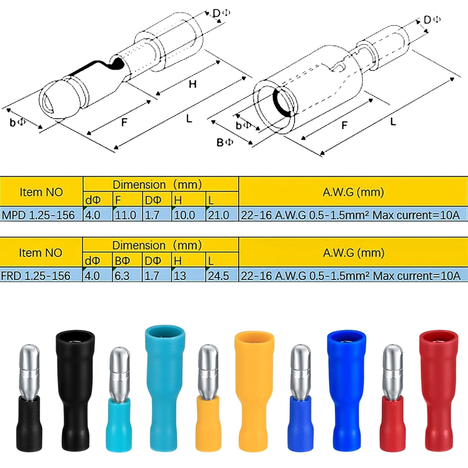 200 Pcs Bullet Connectors Male and Female, 22-16AWG Insulated Splice Female/Male Bullet Crimp Terminals Electrical Crimp Wire Connectors