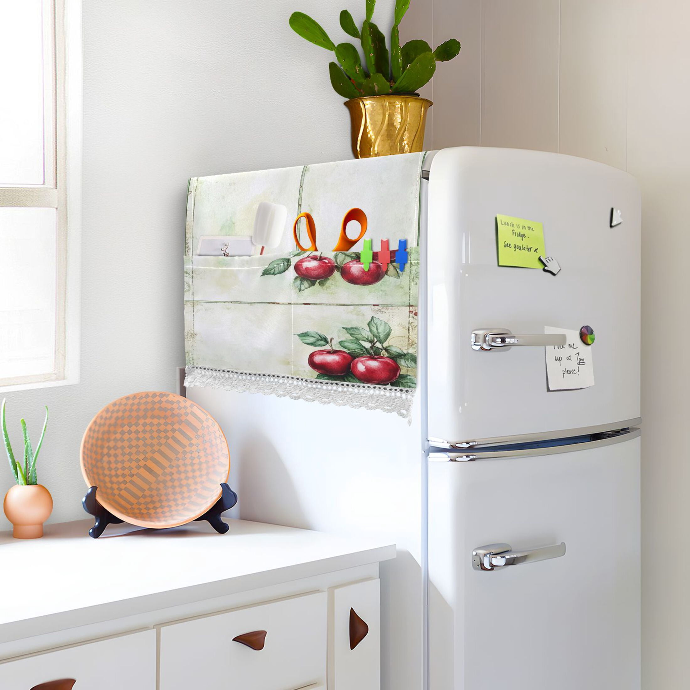 Red FruitWasher and Dryer Covers Dust-Proof and Oil Resistant Fridge Cover with 4 Storage Pockets Washing Machine Top Cover for Laundry Kitchen Home 51.2 x 22 In