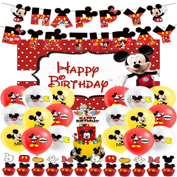Mickey cartoon party supplies, birthday party decorations including happy birthday banners, balloons, cake topper
