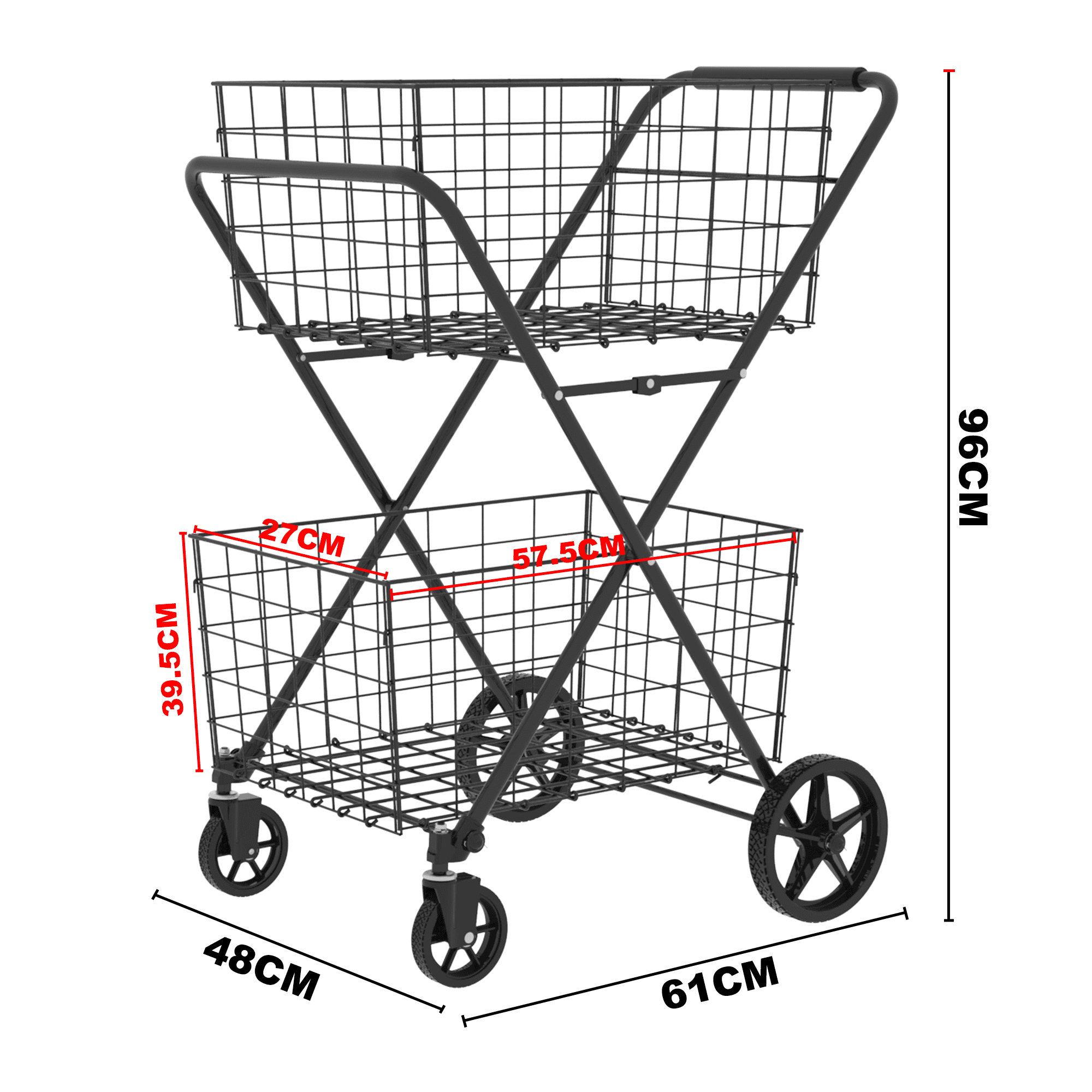 Yoneston Folding Shopping Cart with Removable Double Basket, Supports up to 220 lbs, Heavy Duty Grocery Cart with Waterproof Oxford Cloth Lining for Shopping, Grocery, Outdoor, Black