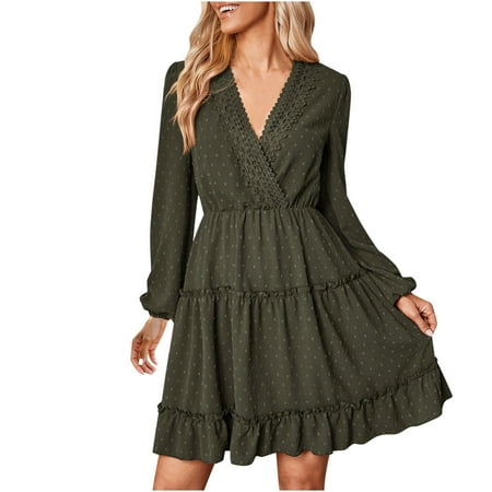Women s Long Sleeve Floral Lace Crochet V Neck Midi Dress Flowy Casual Swiss Dot Loose Fit Ruffle Fall Babydoll Dresses