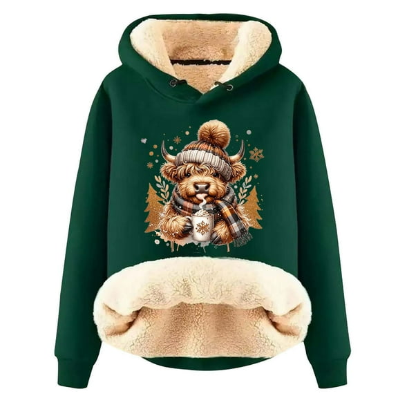 Women Christmas Outfit Festive Ladies' Cow Print Hooded Jacket Cozy Winter Pullover Outerwear Top Green M