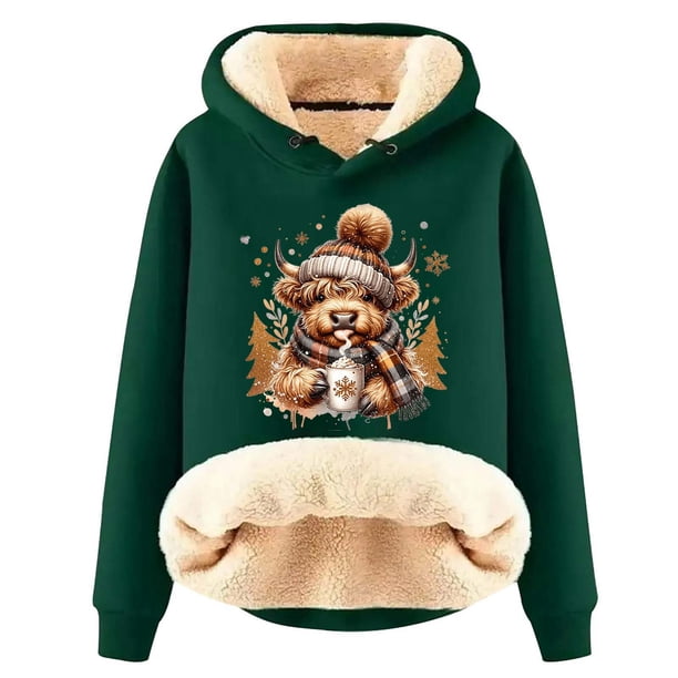 WILLBEST Sudadera con Capucha Oversize para Mujer, con Estampado Navideño de Vaca y Cordero Mediana