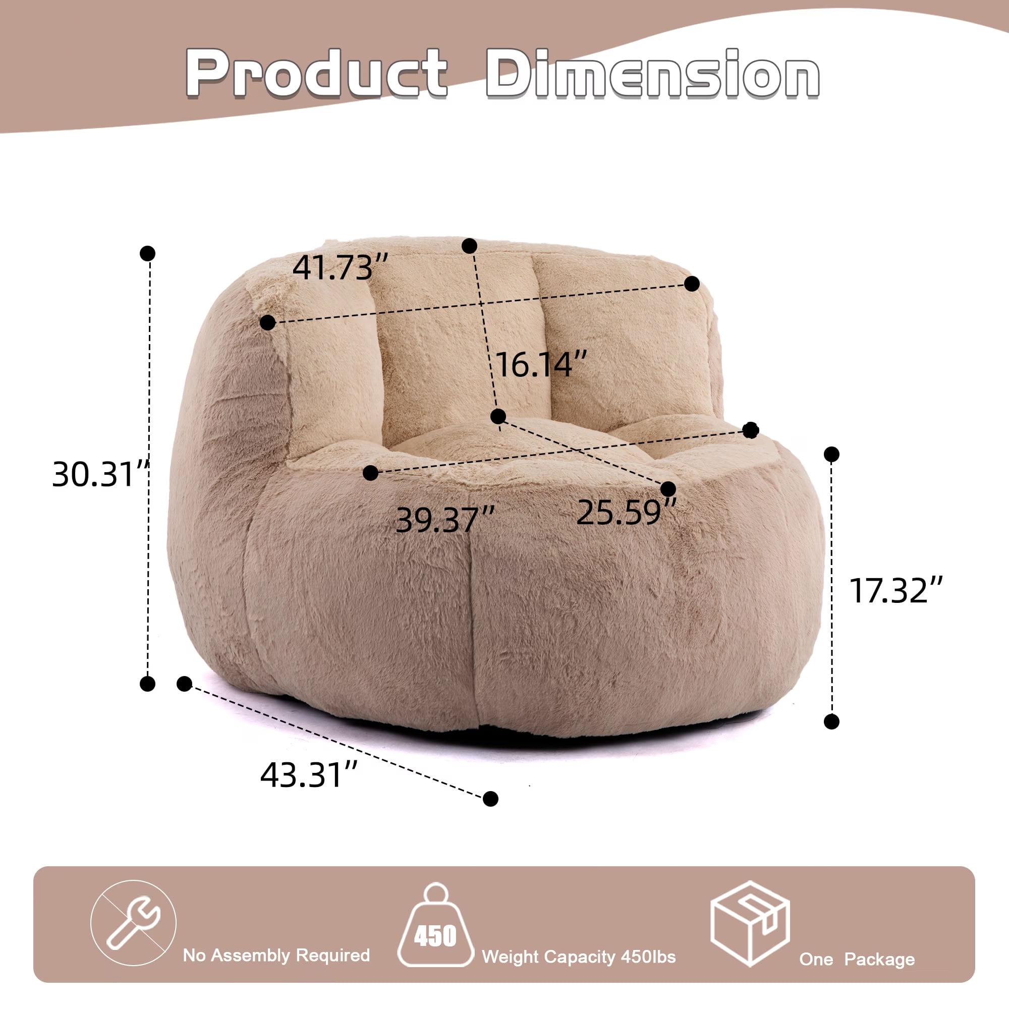 MAYEERTY Oversized Bean Bag Chair, Faux Rabbit Fur Lounge Sofa for Living Room Bedroom Dorm, No Assembly Required