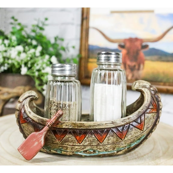 Southwestern Native Tribal Indian Canoe Boat Salt And Pepper Shakers Holder Set