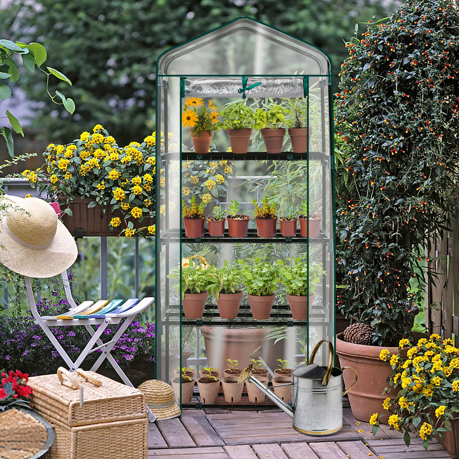 4-Tier Mini Greenhouse 27×19×62 in, Portable Plant Green House with PVC Cover, Roll-Up Zipper Door, Powder-Coated Steel Frame for Indoor Outdoor Patio Balcony