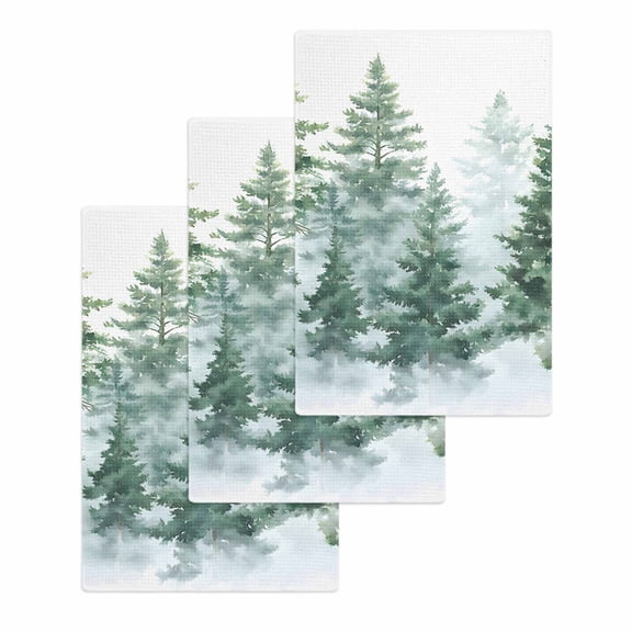 Forest Green Hand Towels Set, Waffle Weave Kitchen Towels 3 Pieces, Spring Summer Watercolor Pine Tree Microfiber Hair Face Bath Tea Towel Absorbent Quick Drying Cleaning Dish Cloths, 15.7"x23.6"