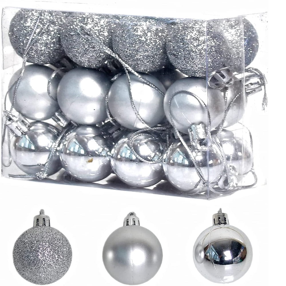 Silver Christmas Ball Ornaments for Christmas Decorations Combo of 8 Ball and Shaped Styles 24 Pieces Xmas Tree Shatterproof Ornaments with Hanging Loop for Holiday and Party Decoration 