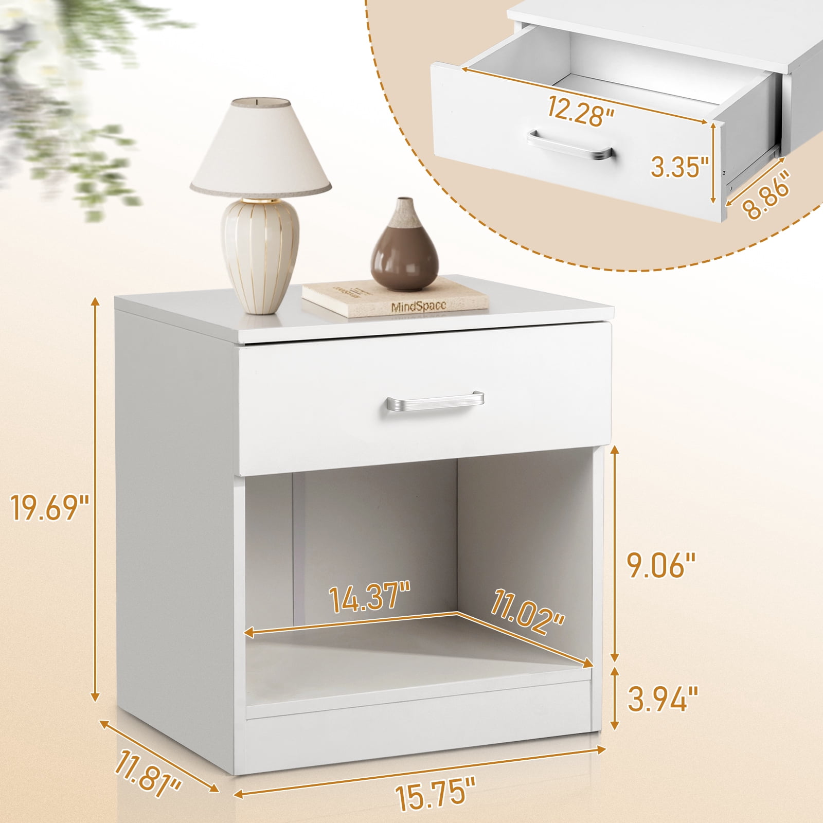 Zimtown White Set Of 2 Wood Elegant Night Stand W/1 Drawer Storage Beside End Table