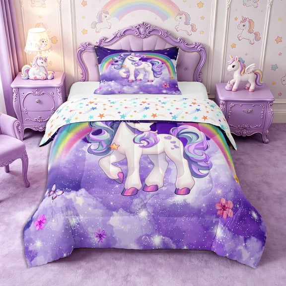 Manfei Cartoon Unicorn Twin Comforter Sets 2pcs,Cute Stars Rainbow Bedding Set,1 Comforter and 1 Pillowcase,Reversible