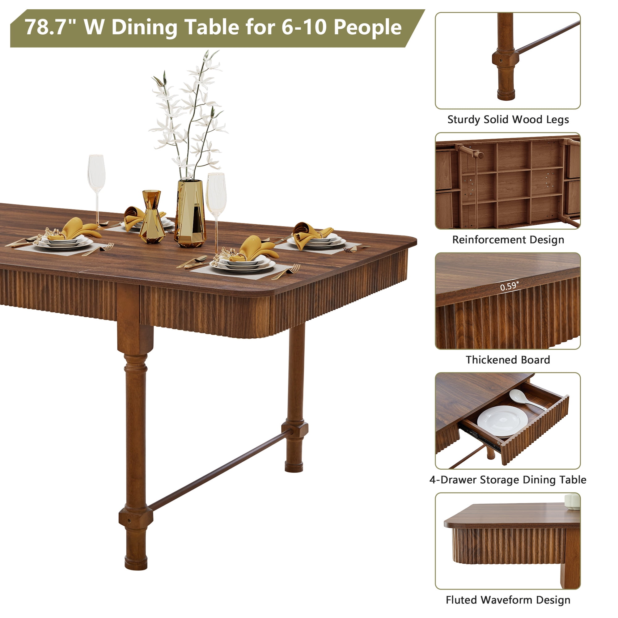 Weselon 78.74" Square Dining Table with 4 Drawers, Wood Fluted Dining Table with Storage Drawers, Seats up to 6,Large Kitchen Table for Casual Meals and Special,Dining Room, Brown