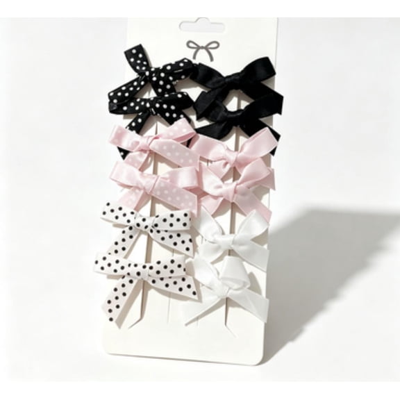 Polka Dot Solid Ribbon Bow Hair Clips Set, 12 Pcs Cute Small Bow Alligator Hair Barrettes, Black Pink White Mixed Color Hair Accessories for Girls Women Daily Party Hairstyle Decor