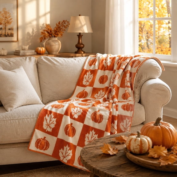 FEOLGEHLY Halloween Decorations Outdoor Indoor, Fall Pumpkin Maple Leaf Throw Blanket 70x100cm Cozy Office Napping Lap Blanket For Thanksgiving Home Decor Halloween Decorations Clearance (A)