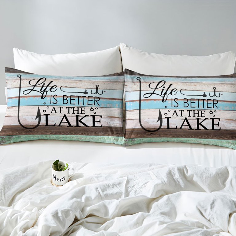 Lake Life Bedding Set Fish Fishhook Comforter Cover for Adults  Women,Fishing Hook Duvet Cover Queen The Lake House Gifts,Vintage Rustic  Cabin Lodge