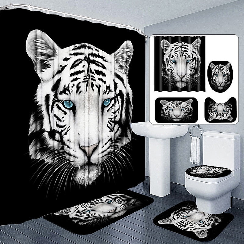 1/3/4PCS Tiger Bathroom Shower Curtain Non-Slip Bath Mat Toilet Cover Rug Set 